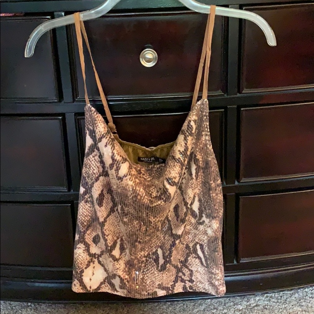 NWT Nasty Gal Snakeprint Sequin Cowl Neck Tank